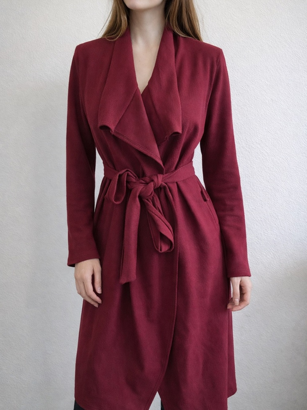 Burgundy Belted Wrap Coat / Long Cardigan – Elegant & Chic – Size M